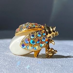 Aurora Borealis Crystal Rhinestone Gold Tone Bug Brooch Pin